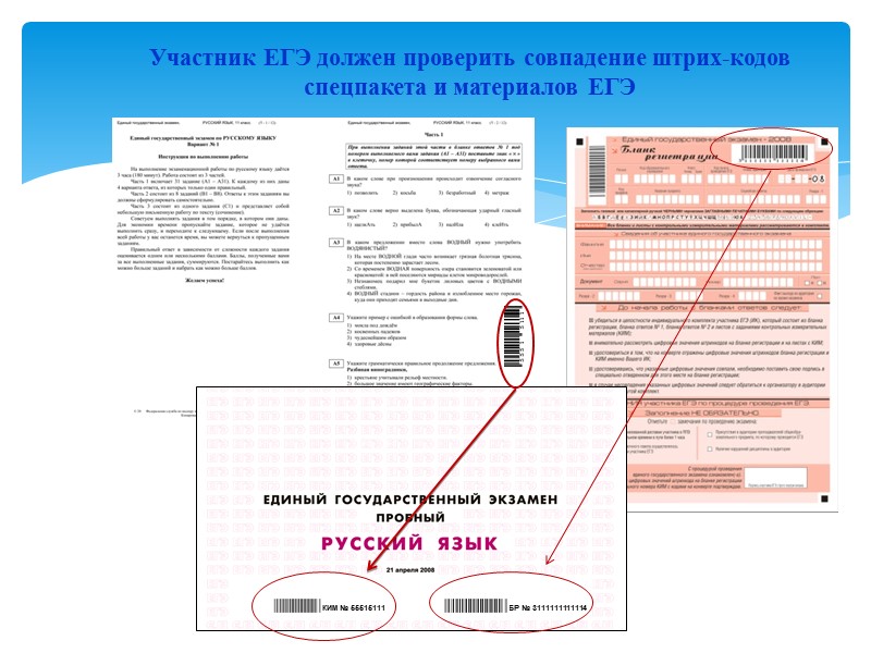 БР № 3111111111114 КИМ № 55515111 Участник ЕГЭ должен проверить совпадение штрих-кодов спецпакета и